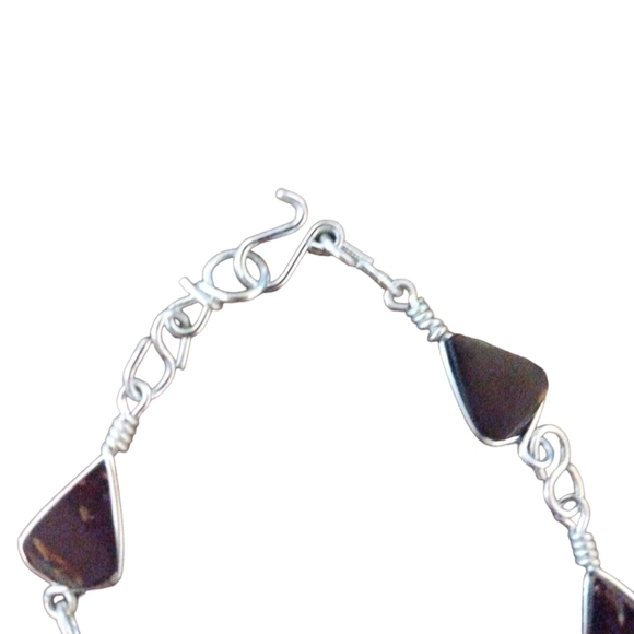 Black Minerals Market Handmade SilverTone Link Chain Wood Aesthetic Stones 12" - Picture 3 of 5